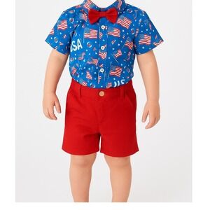 Patriotic Outfit Set USA Flag Shirt Bow Tie Red Shorts Kids 2-3t‎